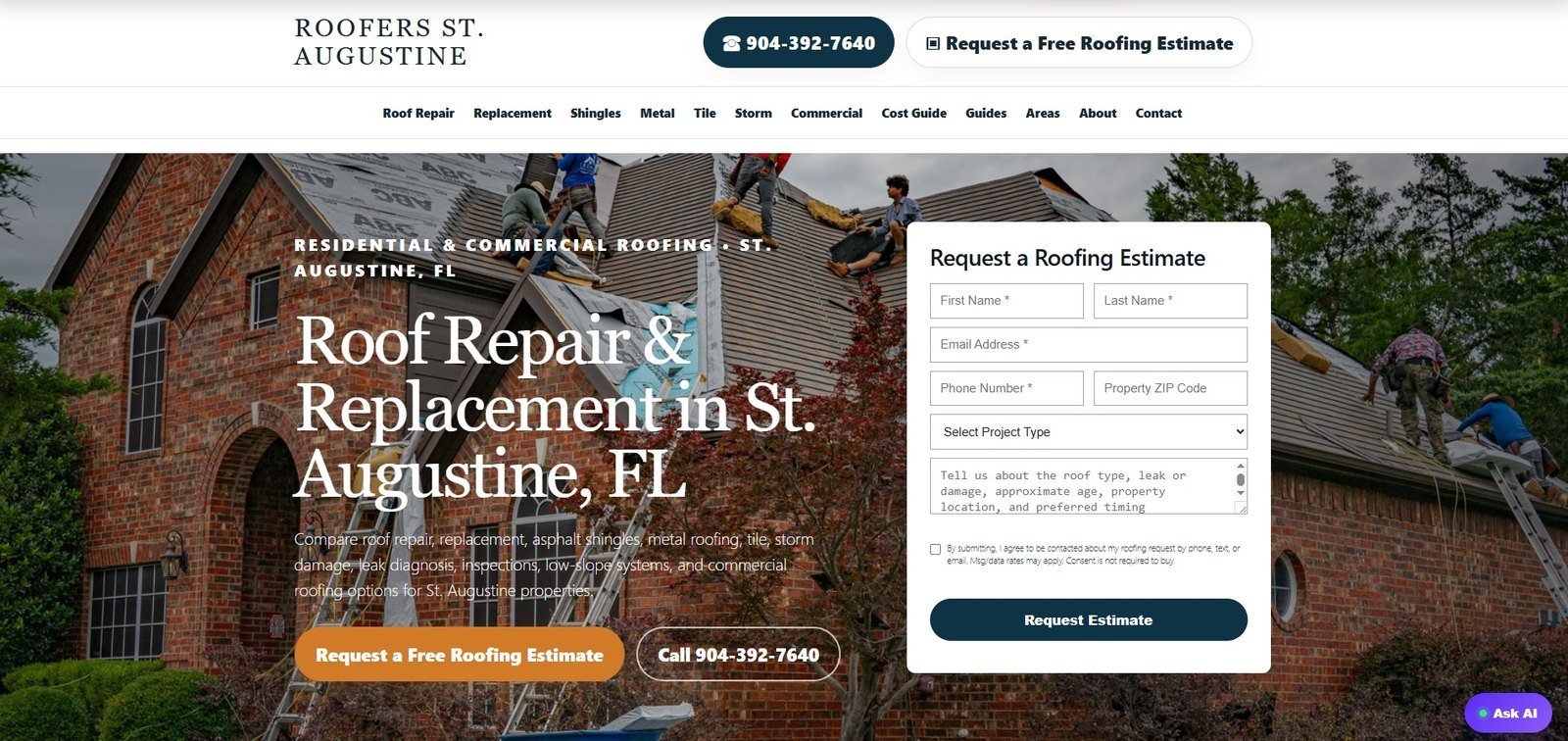 Roofers St. Augustine website preview